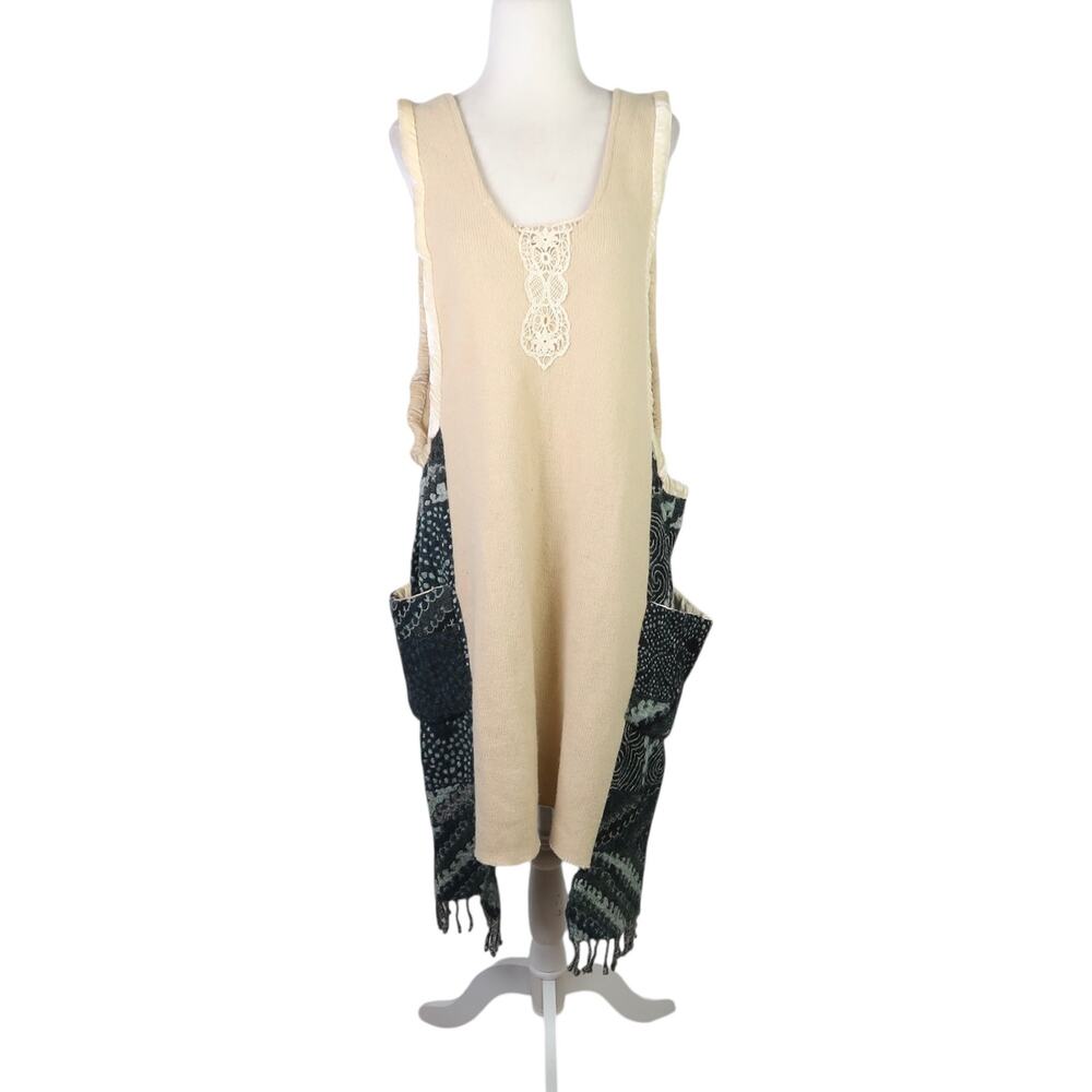 Vintage Cream Wool Jumper Dress Crochet Detail Bohemian